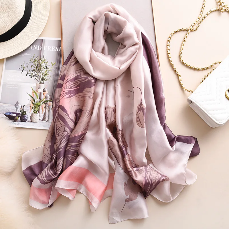 

Fashion Silk Hijab Scarf Women Designer Florals Pashmina Shawls and Wraps Foulard Femme Luxury Brand Bufanda Invierno Mujer New