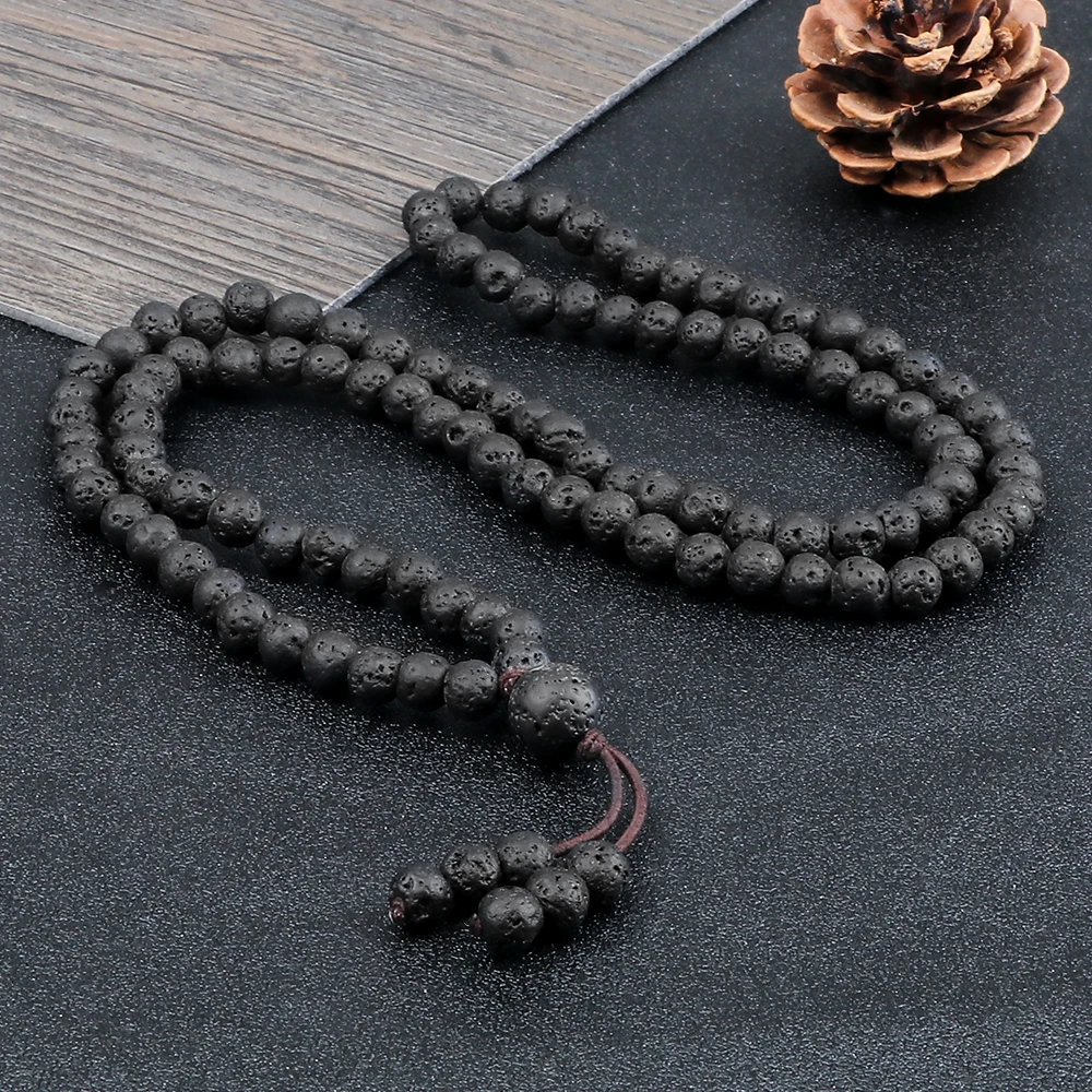 Men Volcanic Lava Stone Beaded Necklace 108 Mala Beads Meditation