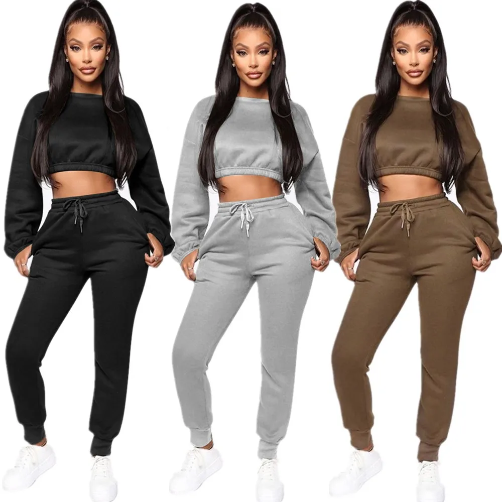 

Winter Autumn Thick fleece Hoodies Tops and Pants Two Piece Set Women Tracksuit Crop Top Trousers Casual Sportwear Matching Set