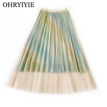 Ohryiyie длинные радужные тюлевые женские юбки Весна Лето Высокая талия Женская плиссированная юбка миди юбка Femme