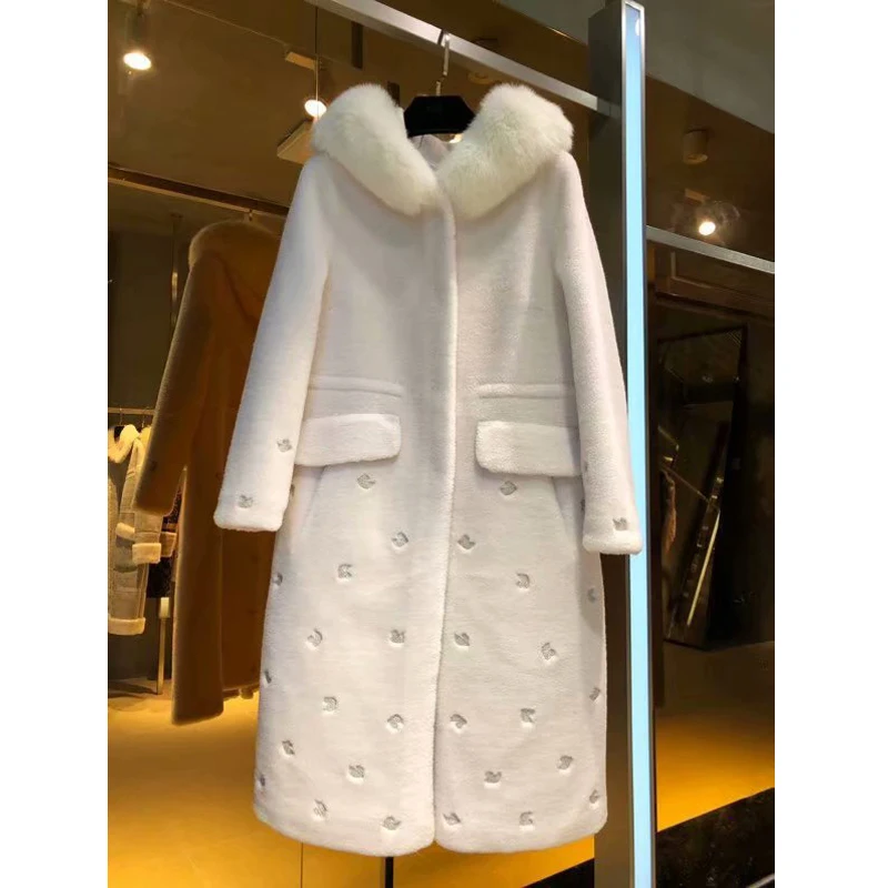 

9.11 2019 Autumn Winter New personality with fox fur collar High quality hooded long wool particle real fur coat