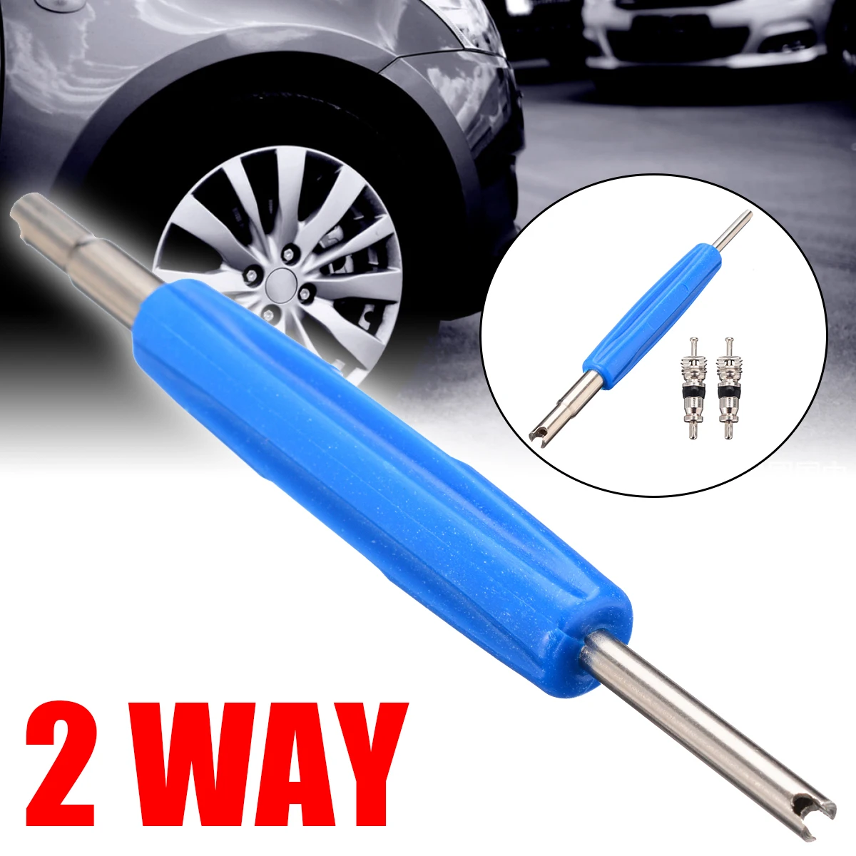 2 Way Dual Ended Wheel Tyre Valve Key Remover Removal Tool + 2pcs Valve Cores FOR Auto Standard Big Bore Valves