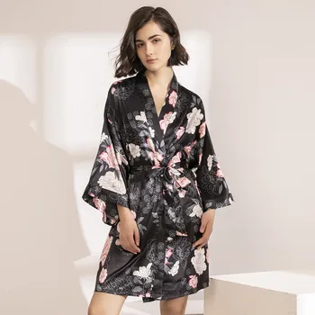 

Floral Printed Robe For Women Faux Silk Comfort Sexy Leopard Sleepwear Sexy Nightgown Femme Lace Up Casual Homewear