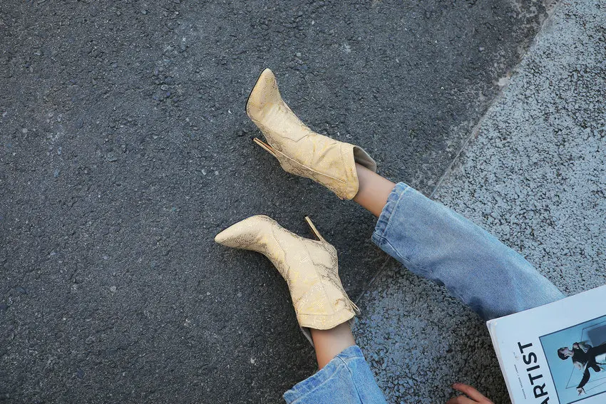 ESVEVA New Autumn Winter PU Leather Snakeskin Thin High Heel Mid Calf Boots Sexy Pointed Toe Slip on Women Shoes Size 34-43