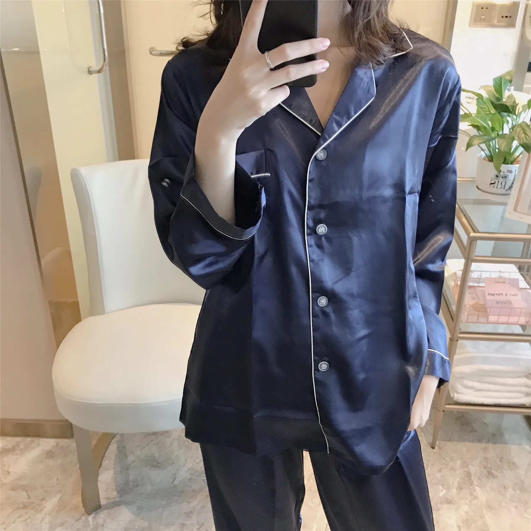

Pajamas Women's Real Silk Korean-style Spring Summer Solid Color Long Sleeve Autumn Cardigan Set Thin Ice Silk Home Wear