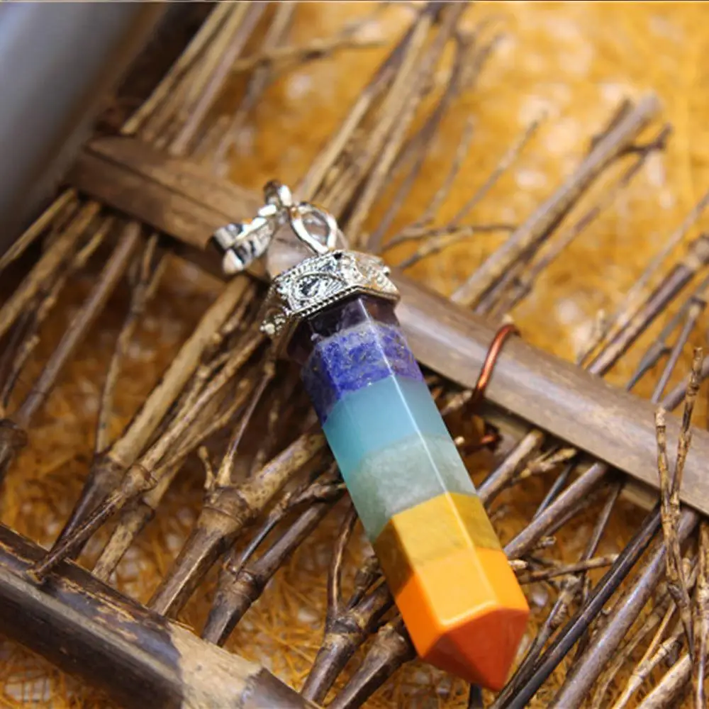 

6pcs Natural stone crystal hexagon seven chakras pendant necklace Meditation Quartz Treat Crystal Charm for Jewelry Making Free