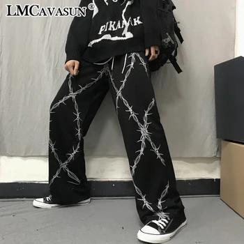

LMCAVASUN Harajuku Lightning Pants Pocket Casual Trousers Loose Elastic Waist Straight Pants Streetwear Unisex