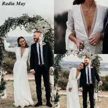 Сексуальный глубокий v-образный вырез в стиле бохо, свадебное платье одежда с длинным рукавом сбоку Разделение цвета слоновой кости Chiffon grecian свадебные платья Винтаж страны; обувь под свадебное платье для невесты