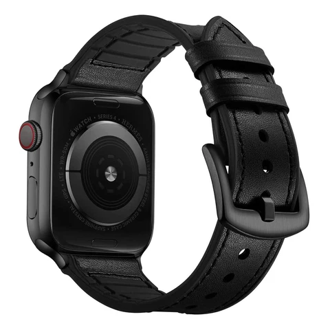 Apple Watch Band 45mm 44mm 42mm Sweatproof Genuine Leather + Rubber Hybrid Band iWatch 7 6 5 4 3 SE strap 41mm 40mm 38mm