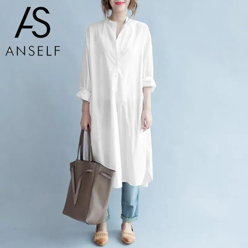 Женская свободная рубашка с карманами ANSELF однотонная блузка круглым вырезом и