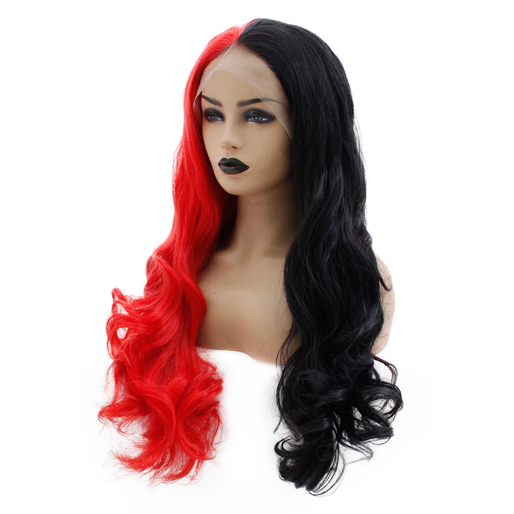 V'NICE половина красный половина черный цвет парик фронта шнурка для женщин Косплей термостойкие синтетические парики длинные средняя часть волнистые волосы
