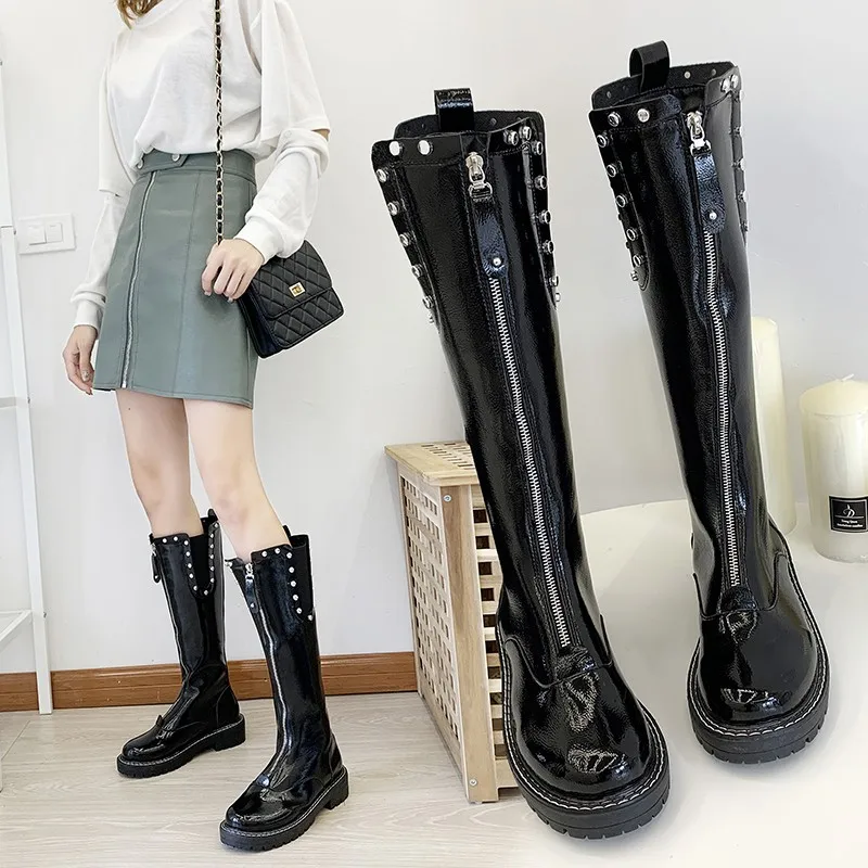 

Punk Style Rivet Knee High Boots Women Platform Boots 2019 Winter Plush Long Boots Femme Zip Motorcycle boots Zapatos Mujers