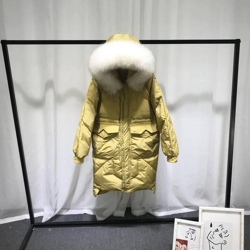 

2020 Women's Winter Down Jacket Woman Hooded Big Raccoon Fur Collar White Duck Down Coat Korean Parka Veste Femme KJ3341