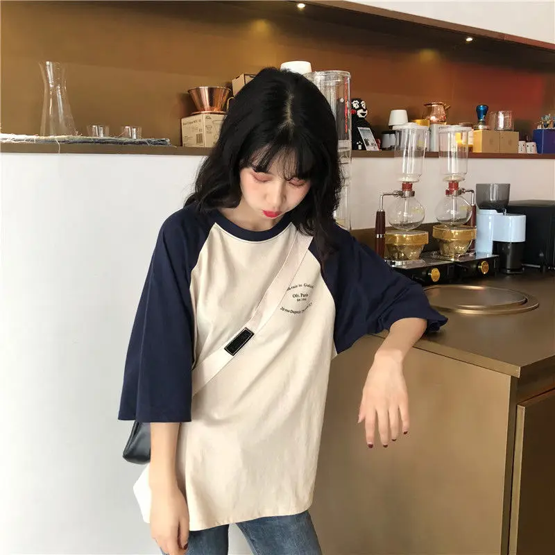 Women 5 Quarter Short Raglan Sleeve T-shirts Casual Patchwork Loose PopularO-neck Lazy Korean Style Simple Vintage584_voghion.com
