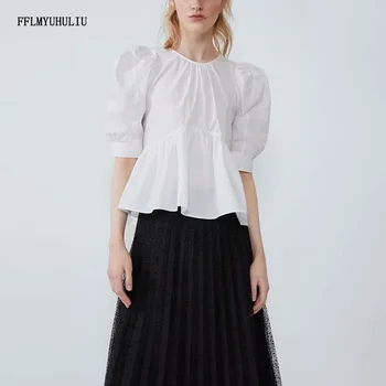 

Autumn ladies new tops round neck puff sleeves folds waist ruffled hem shirts short loose casual tops