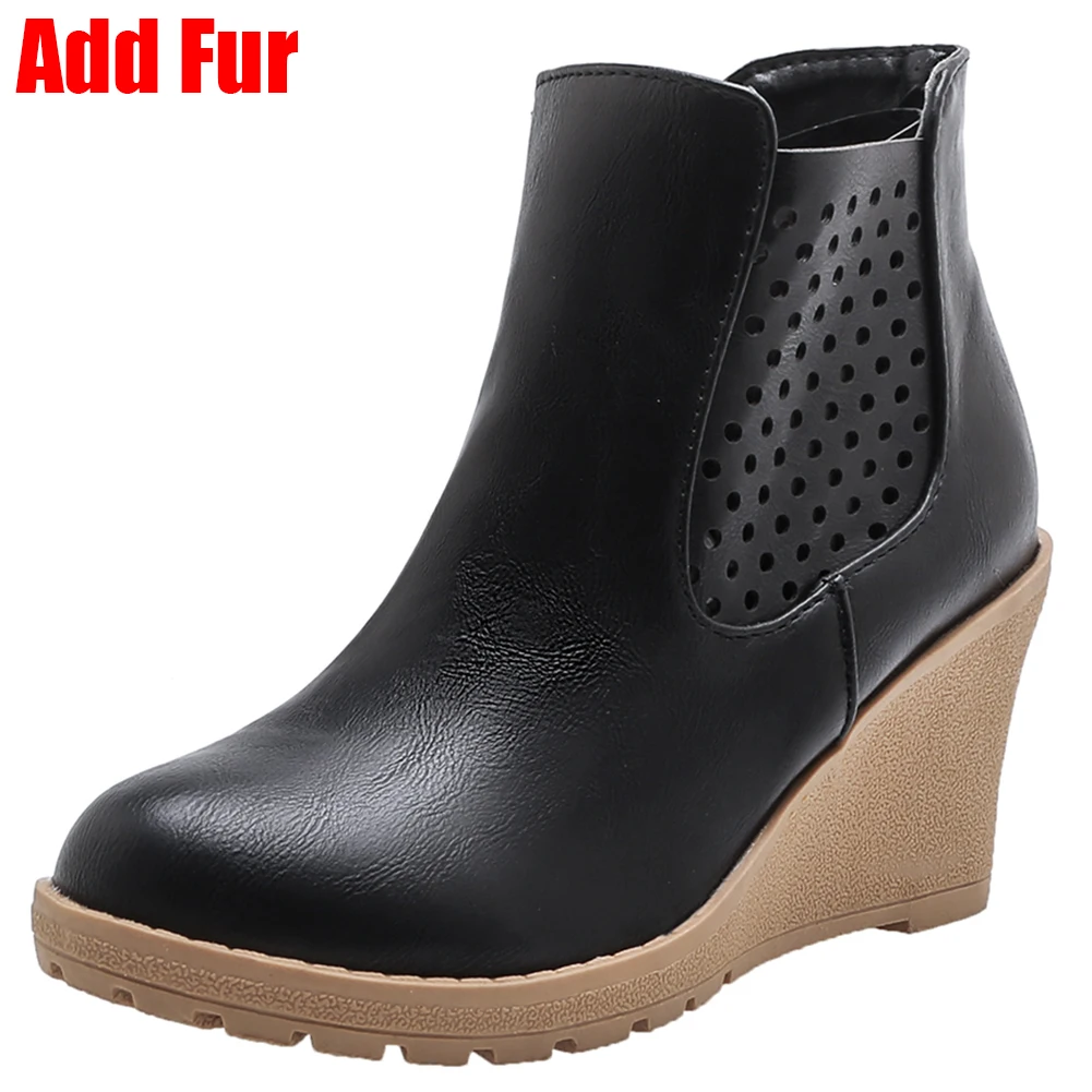 SARAIRIS New Big Size 33-43 Elegant Wedges Booties Ladies Black Ol Ankle Boots Women Comfort High Heels Shoes Woman - Цвет: black thick fur