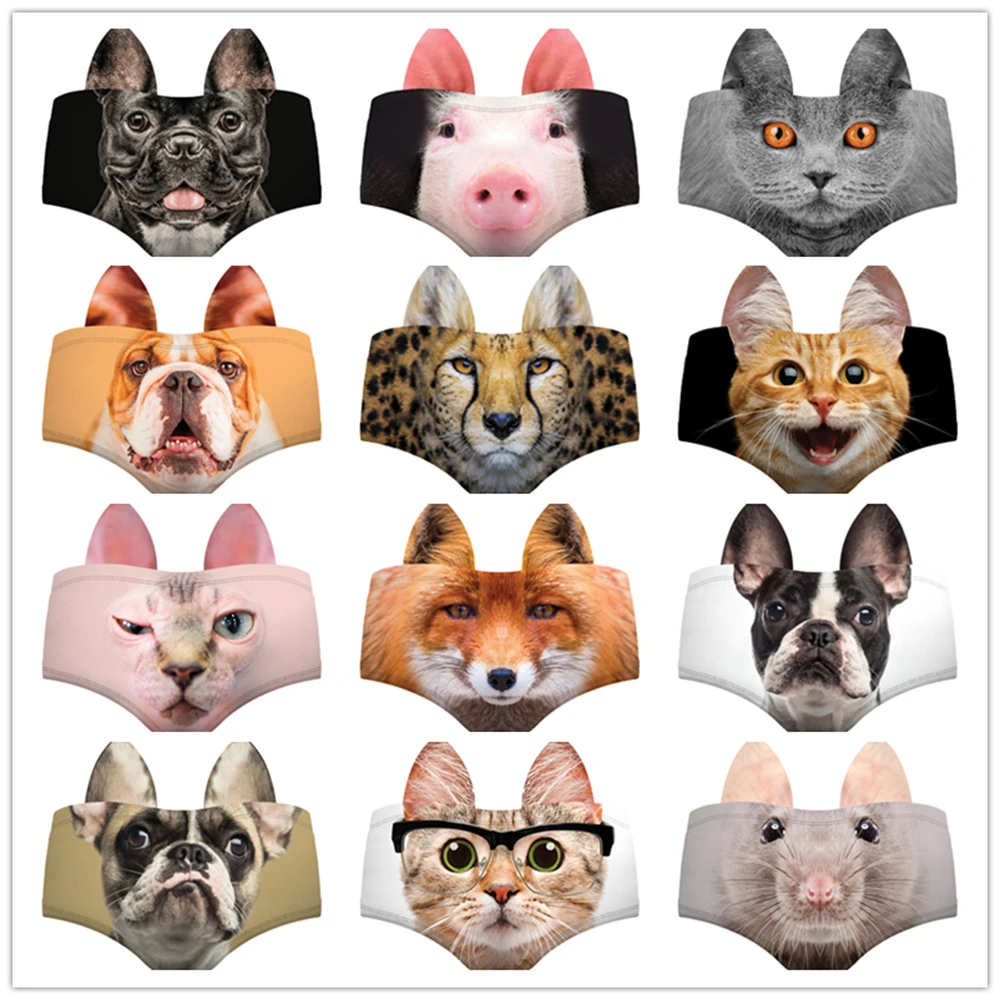 

Women Cute Animals Pattern Panties 3D Printing Pig Cat Cute Briefs Bull Dog Cheetah with Ears Lift Up Waist and Hip Sexy Panties