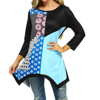 

Blouse Women Long Sleeve O-neck Print Splice Irregular Hem Plus Size Womens Tops And Blouses Tunics ropa mujer блузка женская