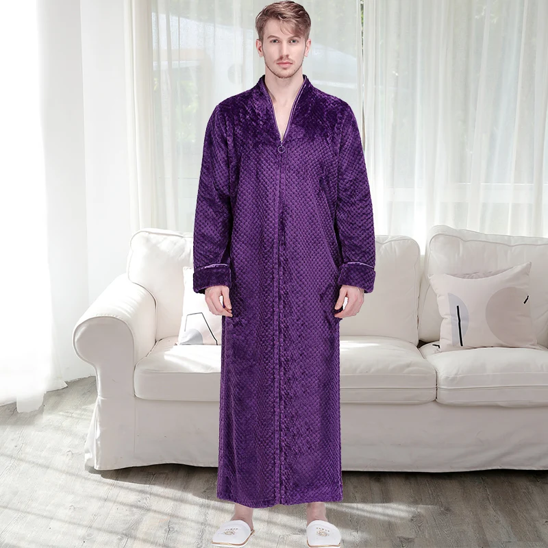 Purple men Женские очень длинные размера плюс толстые теплые пижамы мужские Зимние коралловые флисовые ночные рубашки на молнии для беременных фланелевые ночные рубашки - Цвет: Purple men