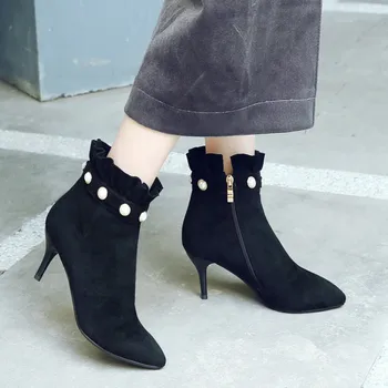 

Oversized 10 11 Pearl pleated boots with pointed solid color and fine heel zipper