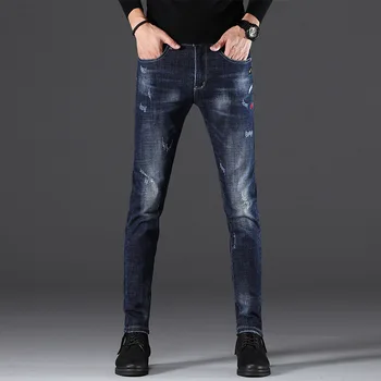 

2020 Season Men Jeans Youth Slim Fit Elastic Force Feet Pants Trousers Joker