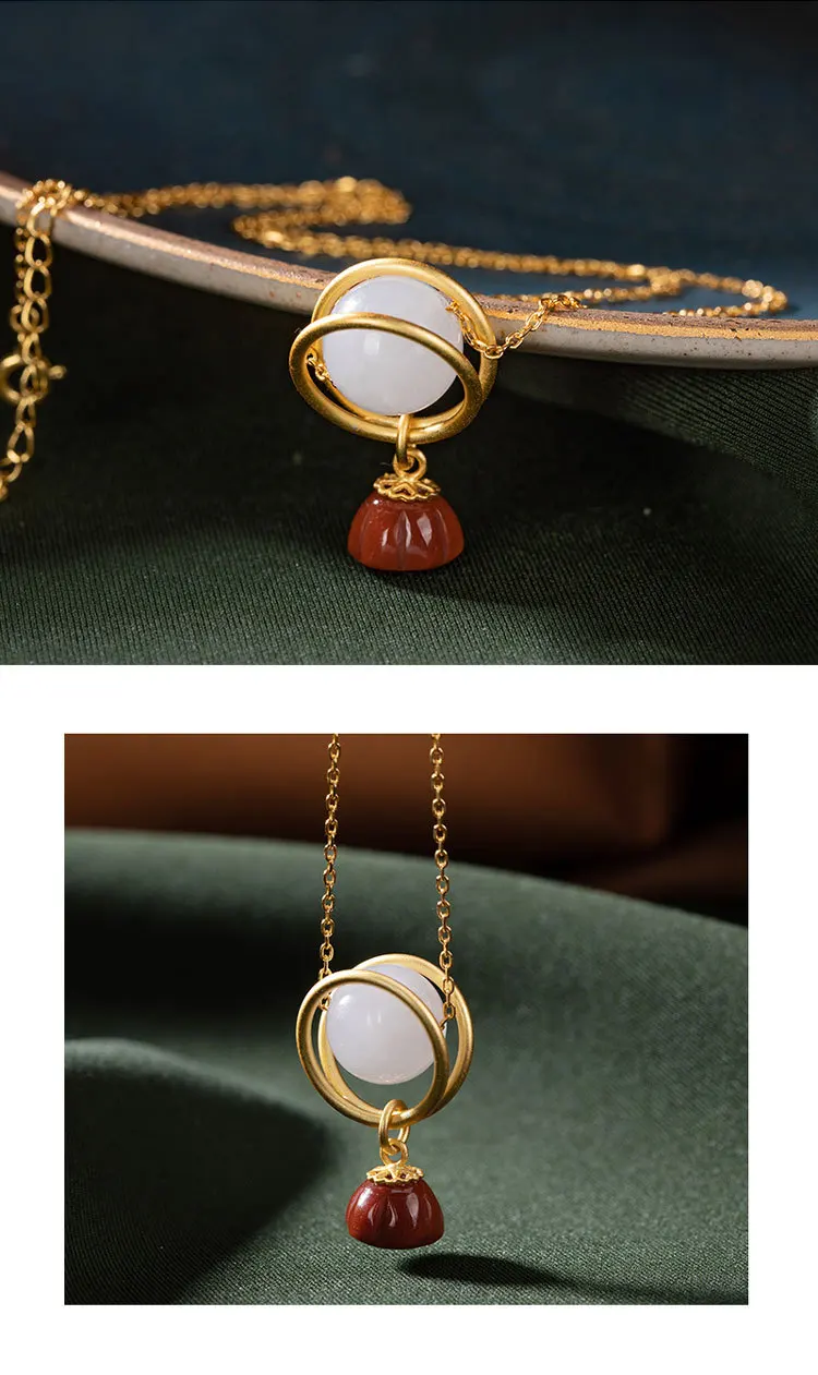 Uglyless Like a Globe Pendants for Women Natural Jade Agate Lotus Necklaces+ Chains Gold Plated Real 925 Silver Fine Jewel P773