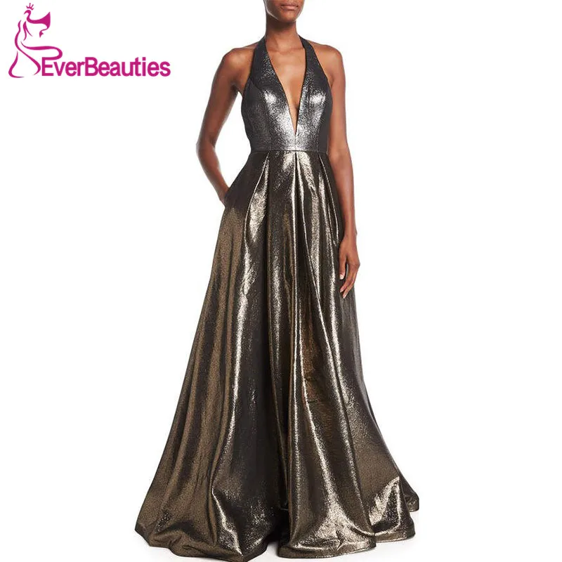 

Reflective Shiny Evening Dress 2019 with Pockets Special Occasion Dress Prom Gown Sexy Deep V-Neck Backless Robe De Soiree