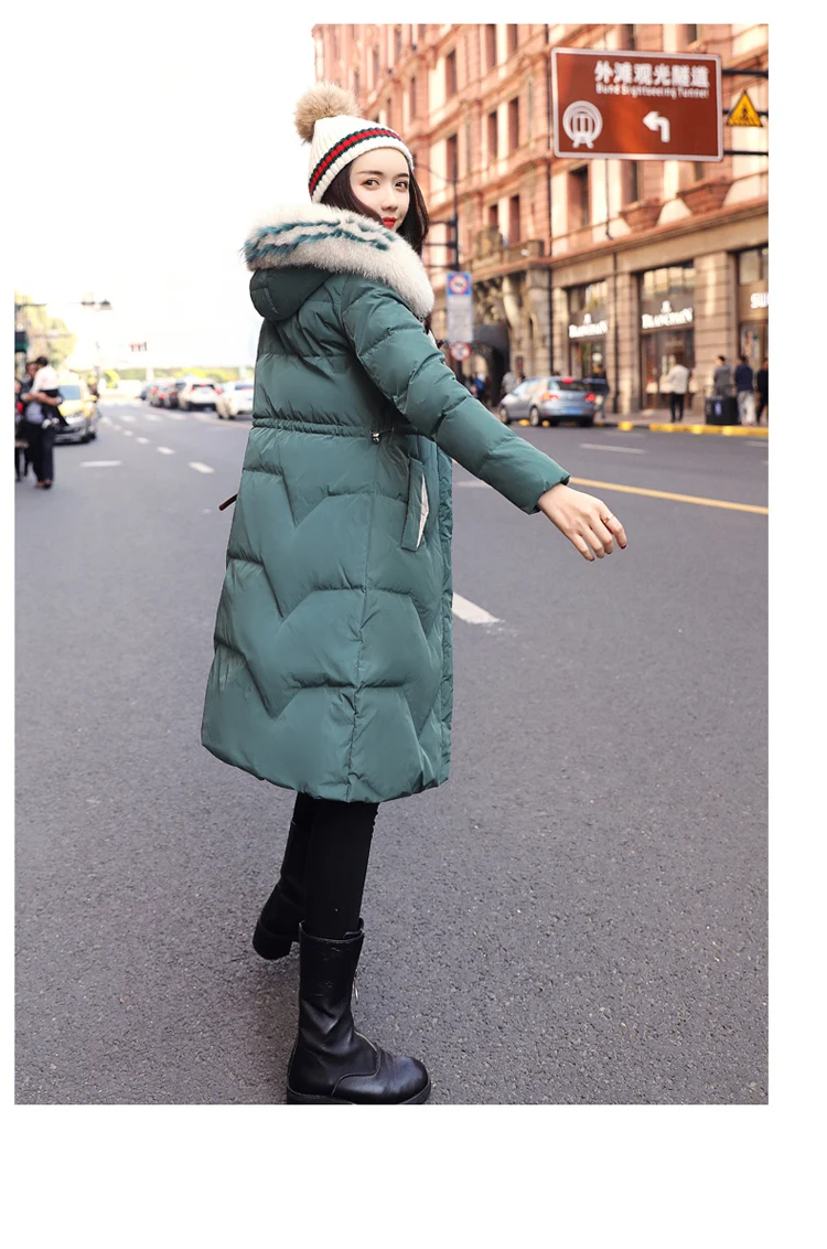 Fashion Long Sleeve Mid-length down Jacket Winter Hooded Zipper Hooded Casual