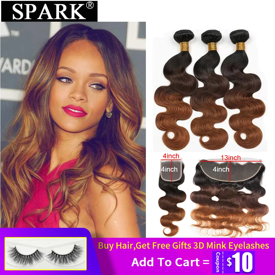 Spark человеческие волосы, Омбре, фронтальная пряди, бразильские волнистые пряди с закрытием, человеческие волосы, волнистые волосы для наращивания для черных женщин