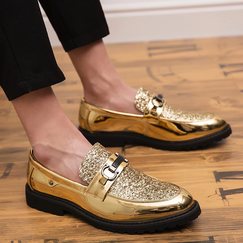 

2019 Men Dress Loafers Business Wedding Brand Men Shoes Breathable Style Banquet Sequin Gold Black Male Shoes Chaussure Homme