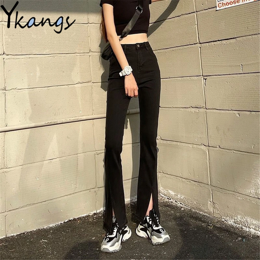 Front Split Black High Waist Elasticity Flared Jeans Korean Fashion Slim  Skinny Denim Pants Wild Streetwear Women Thin Trousers|Jeans| - AliExpress
