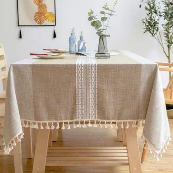 

Nordic Linen Cotton Round Tablecloth Brown Woven Striped Waterproof Dining Table Cloth Lace Pendant Rectangular Table Cover