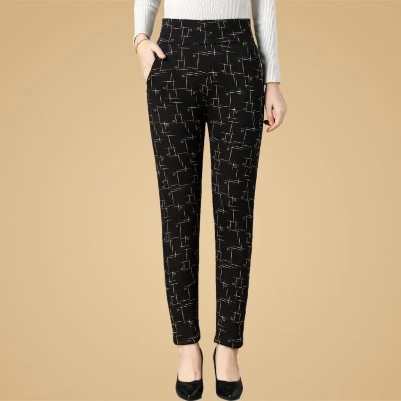 Women 2022 Autumn Winter New Middle Age Plus Velvet Leggings Female Mom High Waist Thick Pants Ladies Print Flower Trouser Y977 | Женская
