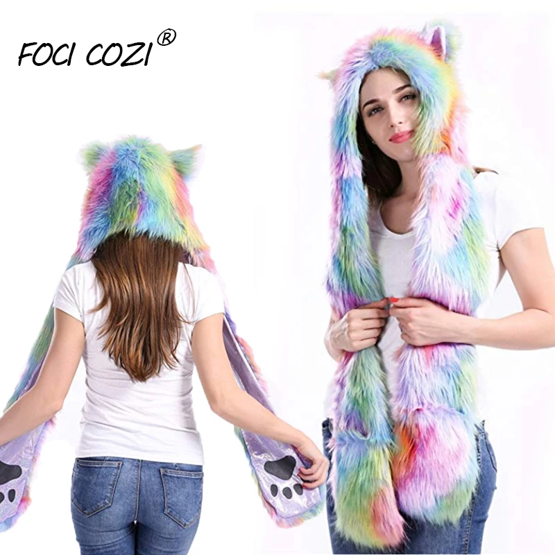Rainbow Fur Hat Rave Spirit Animal Furry Hoddie Faux 3 In 1 Function Christmas Gift For Girls/Girlfriend White women | Аксессуары для