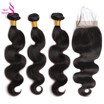

REAL BEAUTY Body Wave Bundles With Closure 4x4 Lace Closure With 3 Bundles Peruvian Remy Hair