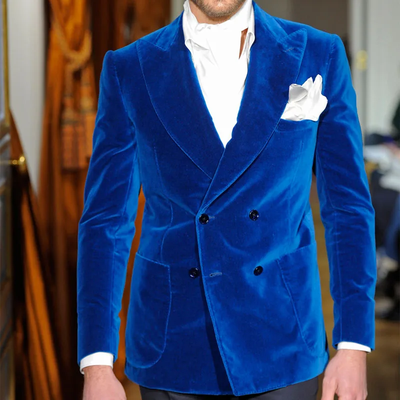 10Two Piece Royal Blue Velvet Evening Party Men Suits 2019 Classic Style Double Breasted Wedding Groom Tuxedos Jacket Black Pants