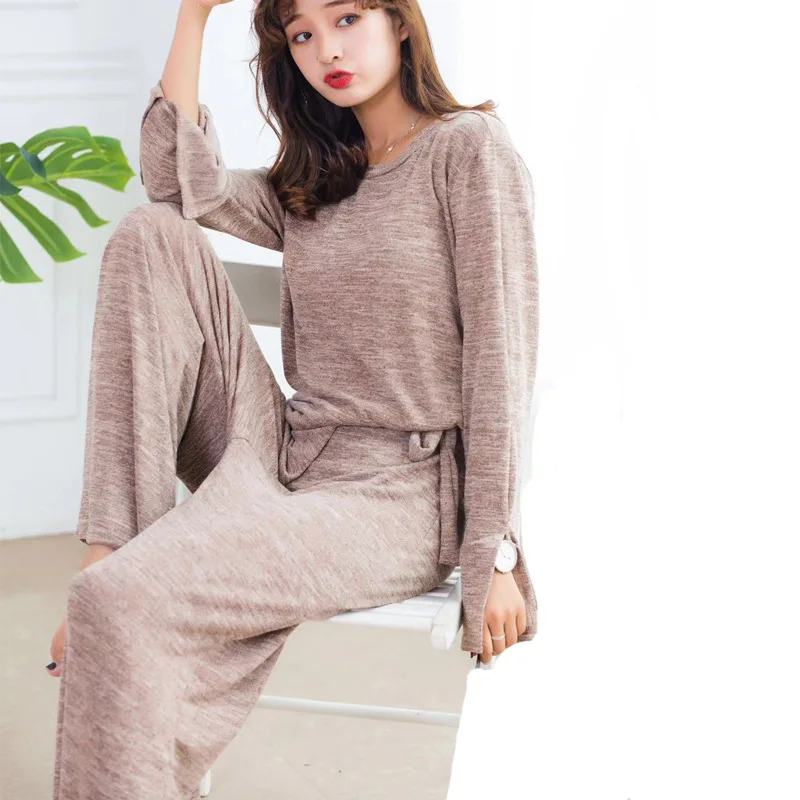

two piece set tracksuit women 2019 Autumn winter long-sleeved T shirt+pants 2 pieces set home suits knitted cotton loose pajamas
