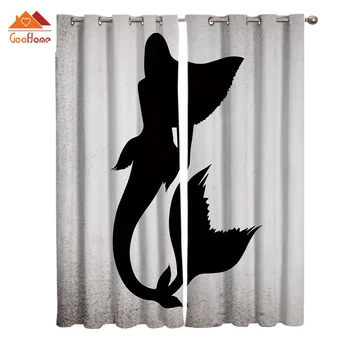 

Cartoon Mermaid Silhouette On Grayscale Background Window Curtains Living Room Outdoor Fabric Drapes Curtain Home Decor