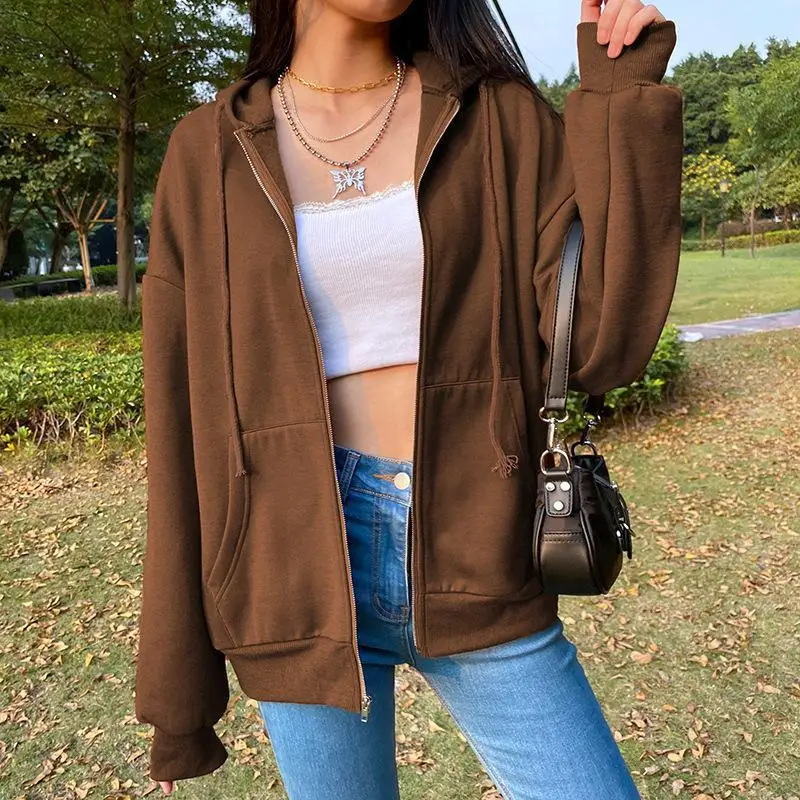 

Fall 2021 Women Clothing Ladies Zip Trendy Pocket Hoodie Sweatshirt Causal Hooded Jacket Solid Thin Coat Outwear Sports Top