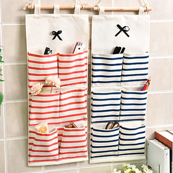 Мульти-карманы полосатый настенный льняной хлопчатобумажный мешок для хранения