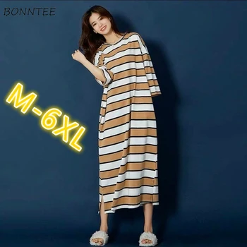 

Nightgowns Women Striped Mid-calf Large Size 6XL Loose Korean Casual Simple Female Sleep-shirts Comfortable Oversize New Trendy