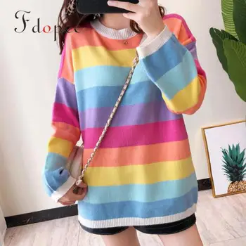 

2019 New Winter Elegant Pullovers Outwear Leisure Rainbow Stripe O-neck Long Sleeve Color Matching Plus Size Knitted Sweaters