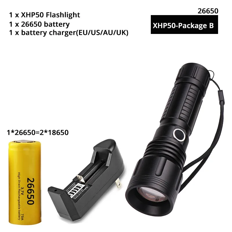 Мощный XHP70.2 светодиодный фонарик военный светодиодный фонарь Водонепроницаемый уличное портативное освещение до 4300 люмен выход кемпинг свет - Испускаемый цвет: XHP50-Pack B-26650