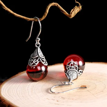 

Direct Thai Silver Earring Through Antique Do Old S925 Silver Ornament Women's Pomegranate Red Fine Earrings