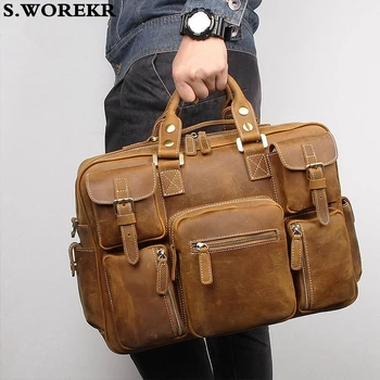 

Brand Natural Cow Leather Men's Handbag with Shoulder Strap Laptop Notebook Hand Bag Large Business Document Brief Case Bag