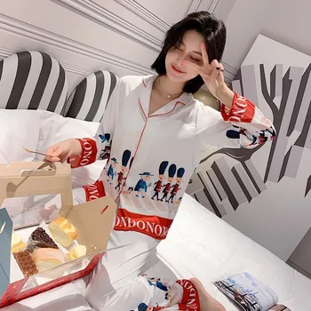 

Thin Type for Silk Pajamas Women's Viscose Fiber Pajamas Cartoon Cardigan Thin Long Sleeve Long Pants Two Piece Suit Sleepwaer