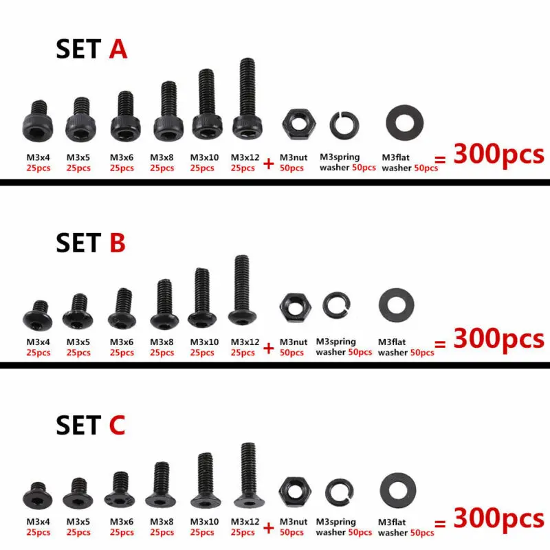 300pcs M3 Screws Nuts Set Black Alloy Steel Screws Hex Socket Bolt With Hex Nuts Washers ferramentas