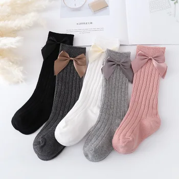 

0-3Y Newborn Baby Girls Boys Big Bow Socks Cute Candy Color Non Slip Floor Socks Vertical Stripes Cotton Baby Mid Tube Socks