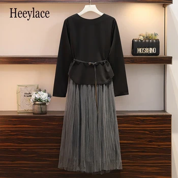 

Plus Size Women Two Piece Set Autumn 2019 Fashion Long Sleeve Asymmetrical Dress And Elastic Waist Pleated Mesh Skirts Xl-5xl