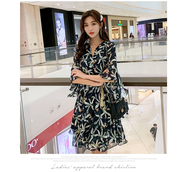 Boho Style Chiffon Dress Women New Summer Ruffles Sleeve V-neck Floral Print Dress Female Beach Tunic Party Dress Vestido